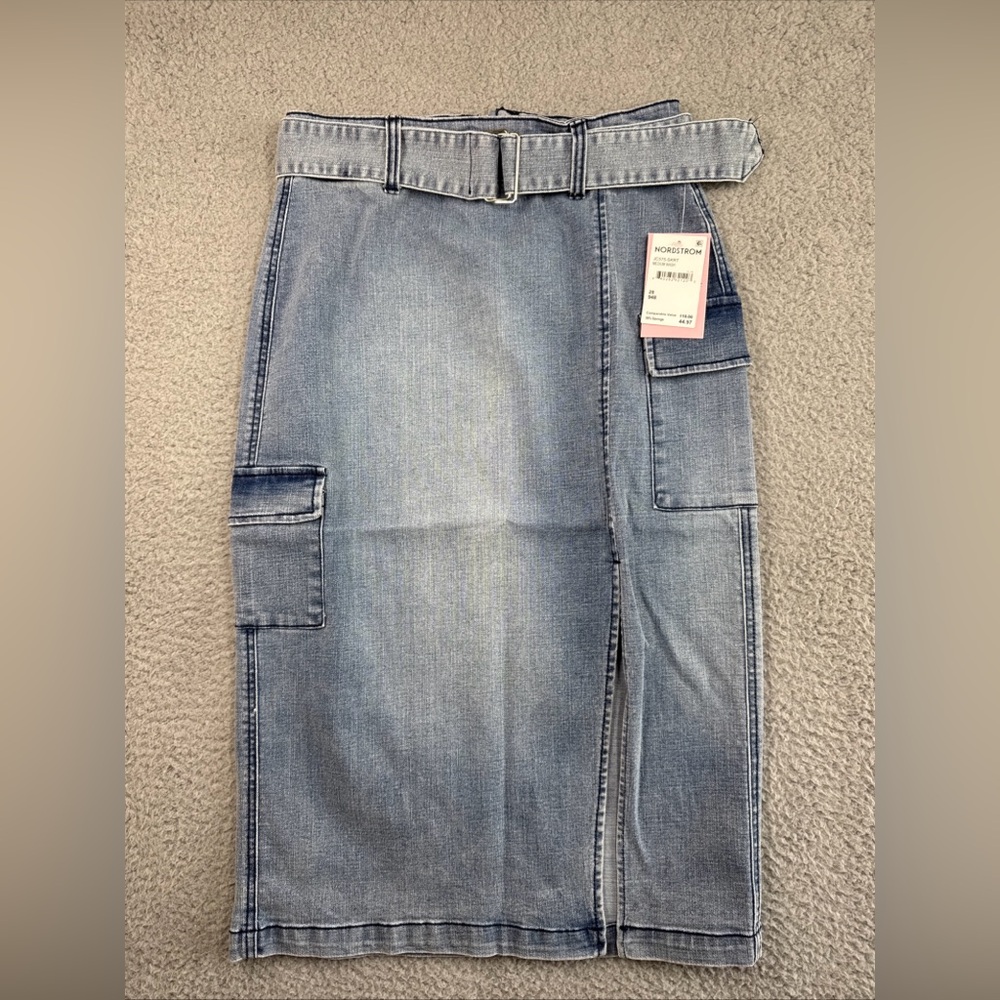 Juicy Couture Med Wash Denim Midi Cargo/Nomad Skirt W/ Belt Women’s Sz 28 NWT